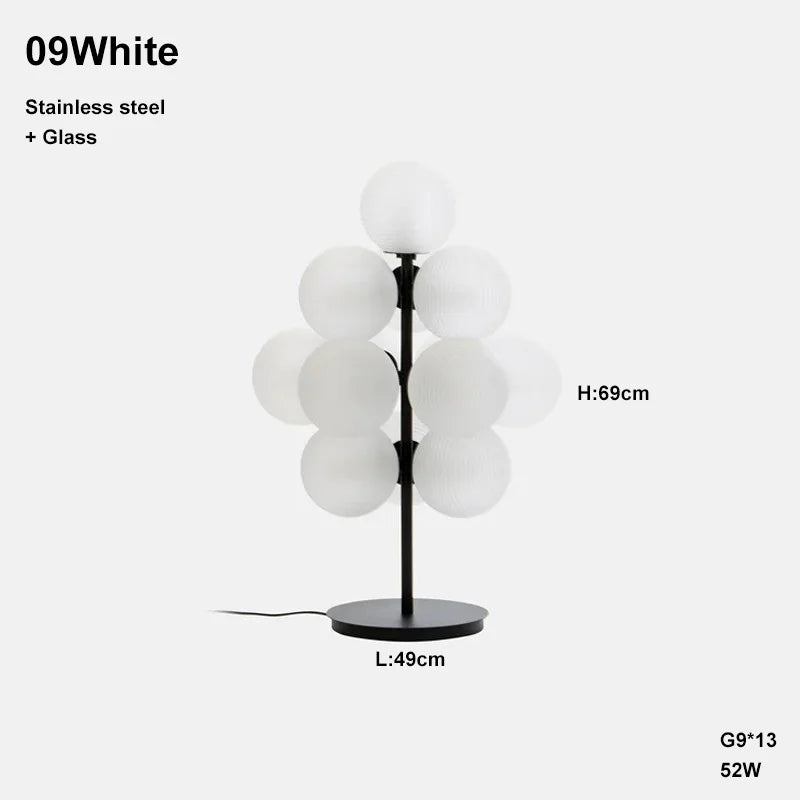 White Grape LED table lamp with 13 glass globes, 69cm tall, offering soft ambient lighting for desks or side tables.