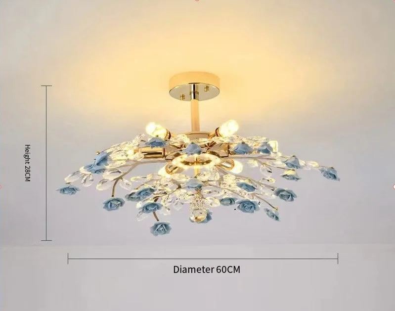 60cm French ceramic flower chandelier in blue with crystal accents, LED ceiling light for compact room settings.