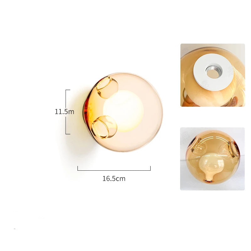Amber Italian designer glass wall light with LED bulb, providing warm and stylish lighting for bedroom or café interiors.