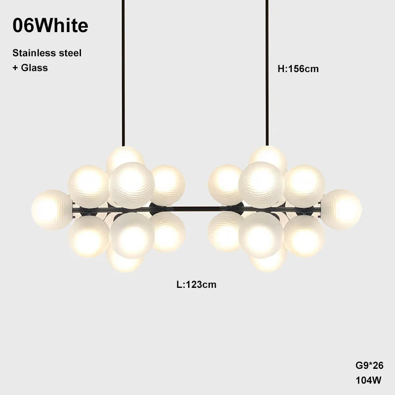 Large White Grape LED chandelier with 26 frosted glass globes, 123cm wide, ideal for luxurious living or dining areas.
