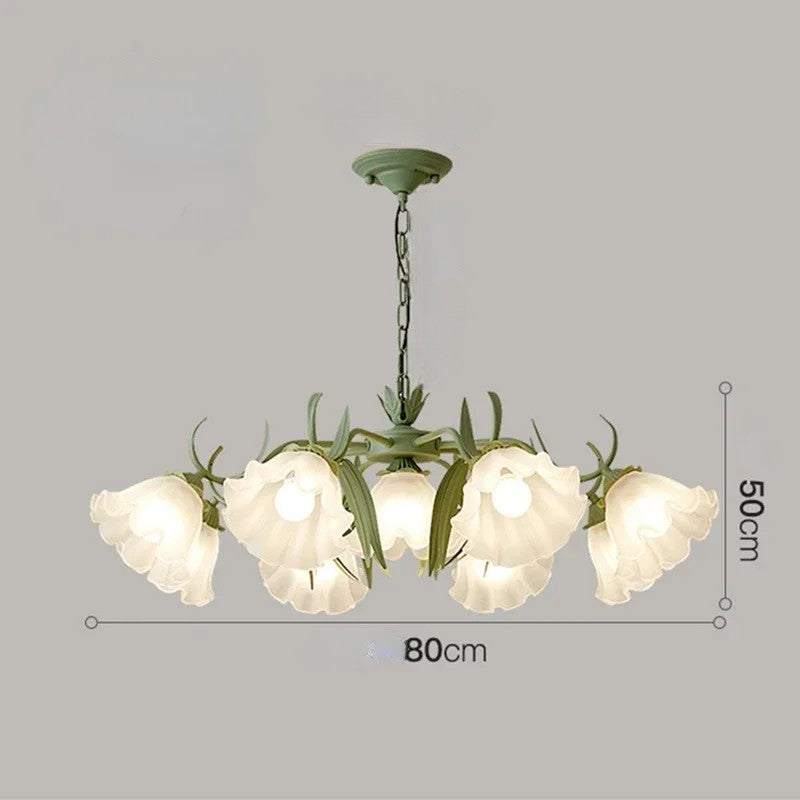 80cm wide Art Deco Flower Chandelier with ten white floral shades and 50cm height, ideal for spacious living or dining areas.