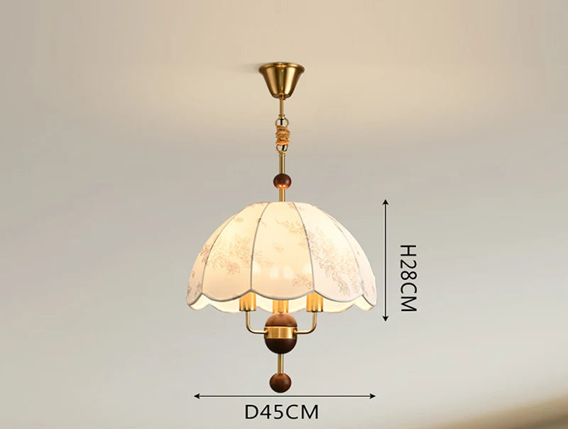 Nordic Pendant Light with floral cloth shade and triple LED bulbs, perfect for lighting large dining or living areas.