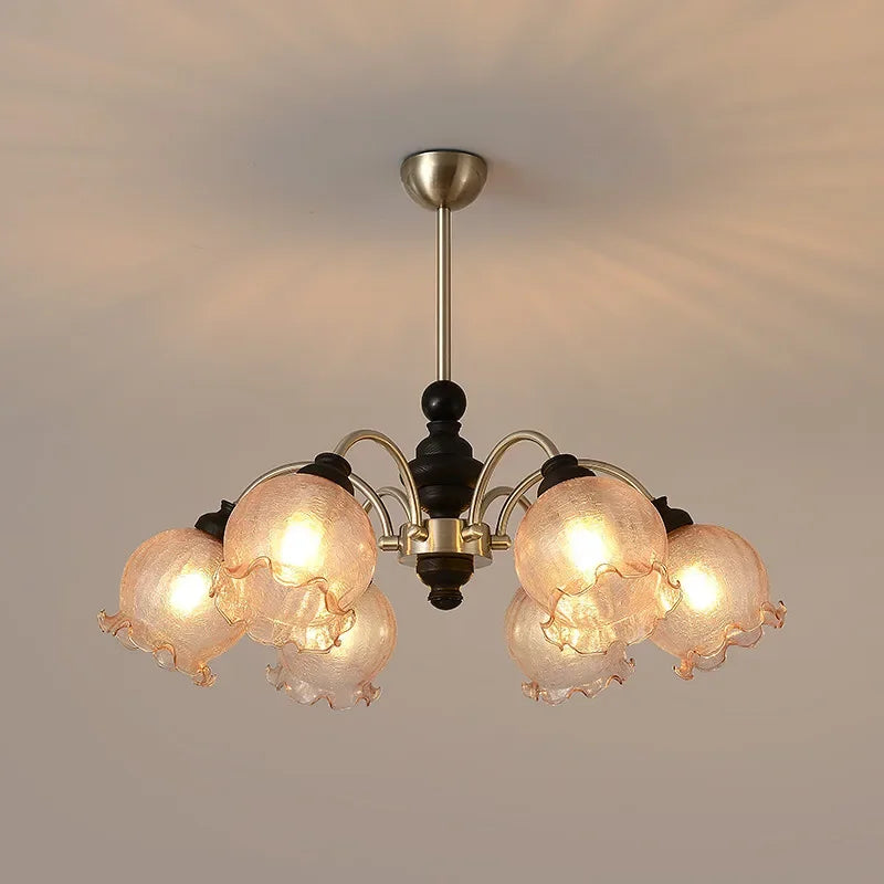 American-style LED chandelier with six ruffled crystal shades, offering 50,000 hours of lighting for elegant home interiors.