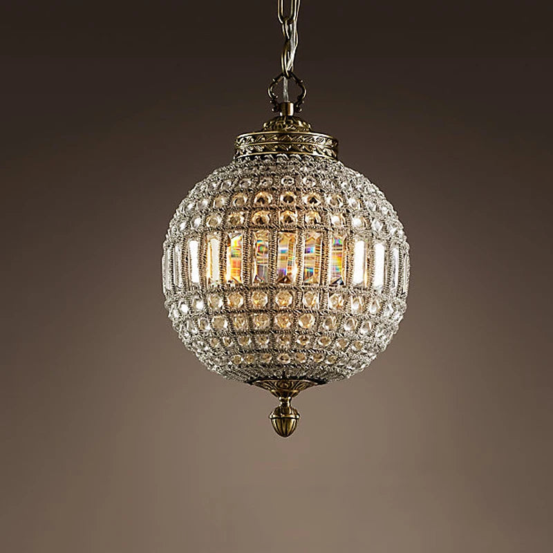 Retro Crystal Chandelier with LED lighting and copper finish, featuring a globe design ideal for villa or hotel lobby decor.