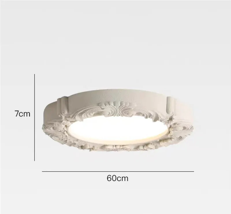 60cm sandstone beige carved plaster chandelier - french farmhouse ceiling light with floral border and soft LED lighting.
