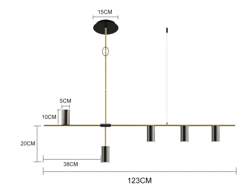 Four-head gold and black modern minimalist ceiling spotlight bar with detailed dimensions for accurate installation.