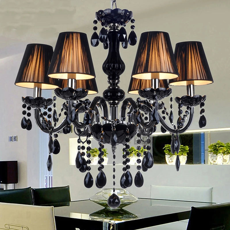 Black crystal chandelier - modern pendant light LED with fabric lampshades, adding a soft glow to elegant dining room settings.