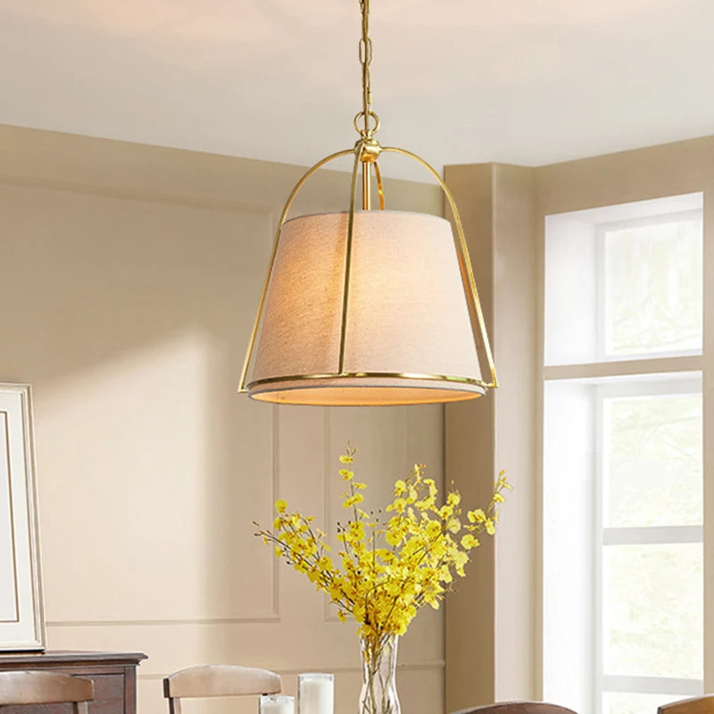Elegant American luxury postmodern chandelier with LED light and beige fabric shade, perfect for dining or study room ambiance.