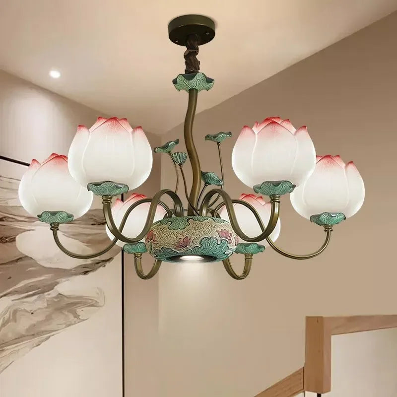 Lotus blossom LED chandelier with ceramic floral base and six lights, perfect for stairway or hallway lighting decor.