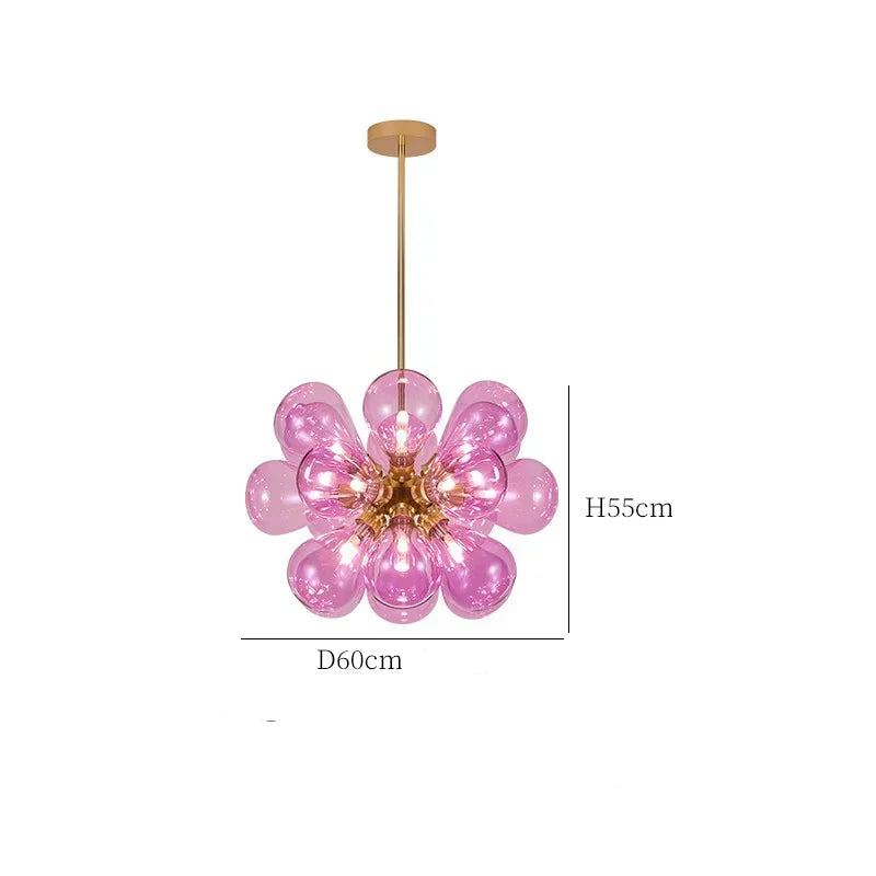 Purple bubble glass chandelier with 18 bulbs, Scandinavian style, 60cm wide, ideal for colorful modern lighting.