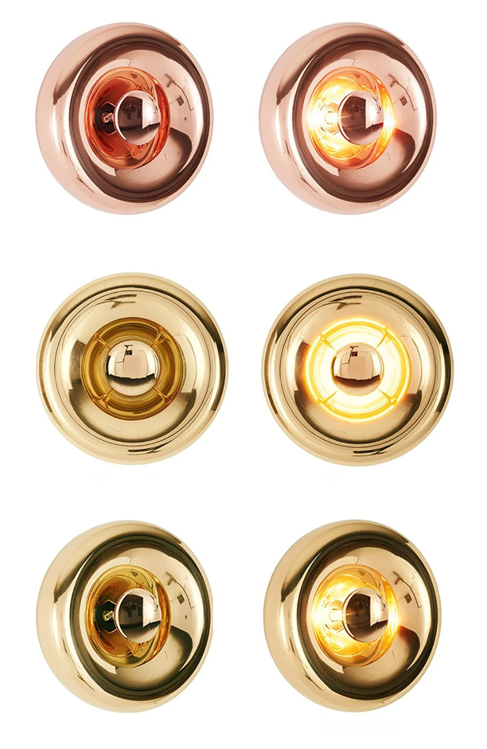 Set of six copper and gold round lava wall lamps with glowing LED centers, perfect for decorative lighting.