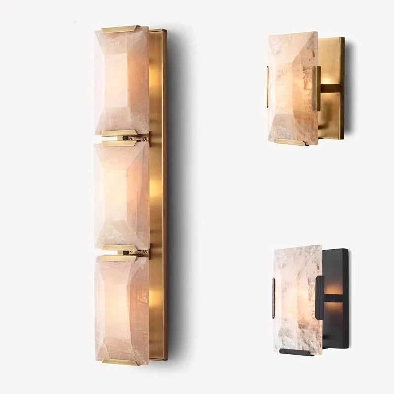Copper Marble LED Sconce in gold and black finishes with faceted marble panels, perfect for modern wall-mounted lighting decor.