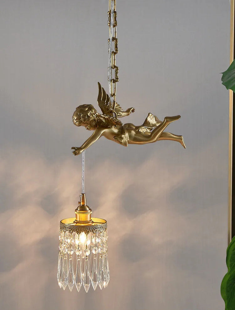 Side view of copper angel chandelier light with crystal drops, perfect for elegant corridor or balcony lighting.