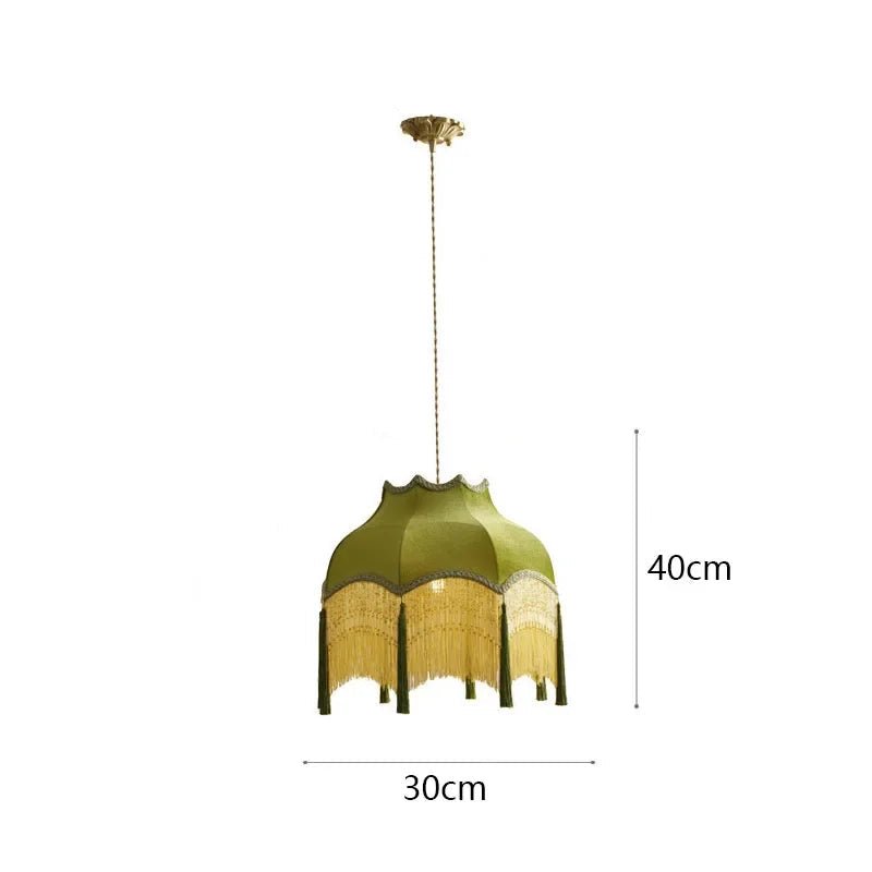 Small green velvet pendant chandelier measuring 30cm wide and 40cm tall, perfect for compact vintage lighting needs.
