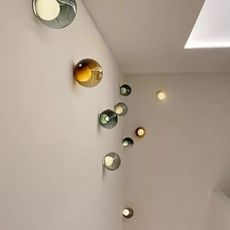 Modern glass wall light - Italian designer bedroom sconce in multicolor glass balls, ideal for artistic hallway or café lighting decor.
