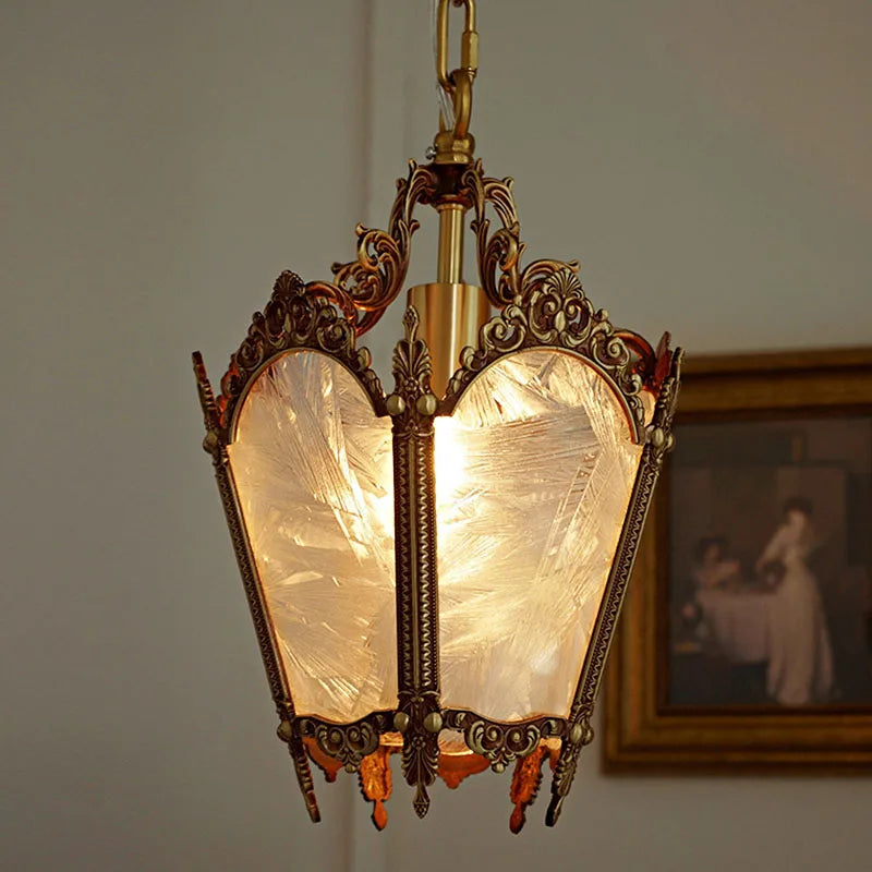 Small copper French retro glass chandelier with ornate detailing and LED lighting, ideal for bedrooms or cloakrooms. Elegant ice flower glass panels.