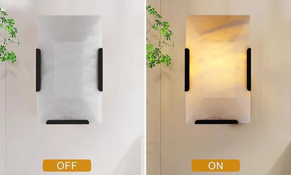 Copper Marble LED Sconce in black finish shown off and on, revealing soft glow and elegant wall lighting transformation.