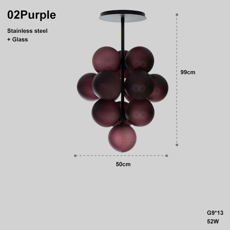 Compact Purple Grape LED chandelier with 13 glass globes, 99cm tall, perfect for bedrooms or small living rooms.