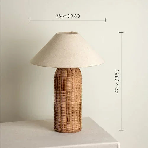 Tall Wabi-sabi fabric wood table lamp with cylindrical rattan base and wide shade, measuring 47cm high and 35cm wide for bedroom use.