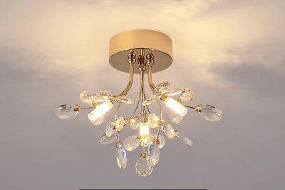 Simple crystal ceiling light fixture with gold base, ideal for modern kids' rooms or minimalist home lighting decor.