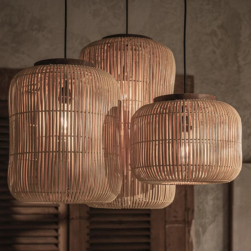 Close-up of natural rattan LUXELY pendant lights in wabi-sabi japandi style, perfect for dining or living room ambiance.