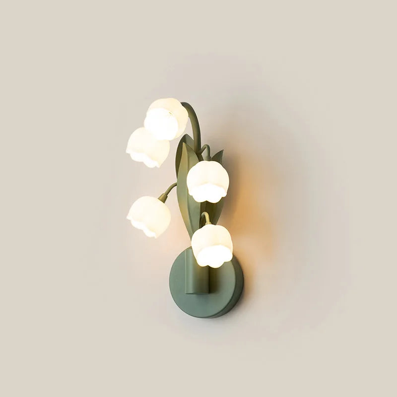 Nordic Atmosphere Wall Lamp with tulip-shaped LED lights mounted on a green base, ideal for bedroom wall lighting and floral-themed decor.