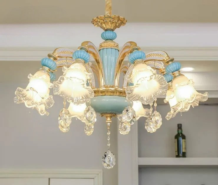 Compact Crystal Chandelier with blue ceramic and gold finish, LED lighting and crystal drops, ideal for kitchens or small rooms.