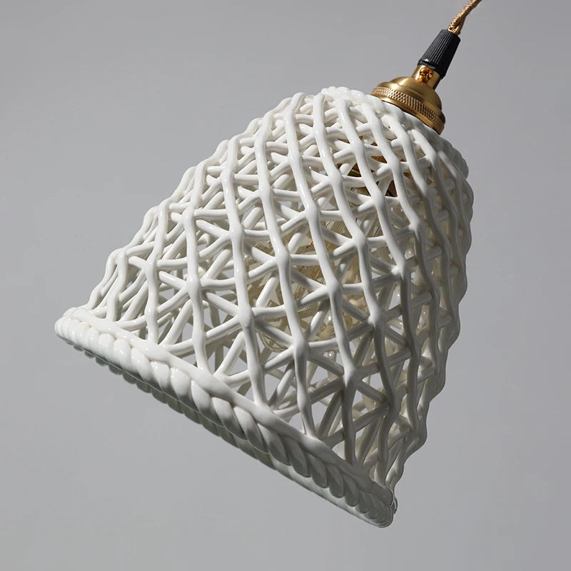 Unlit LUXELY ceramic pendant light in white with Japanese-inspired openwork design, ideal for ceiling light fixtures in home decor.