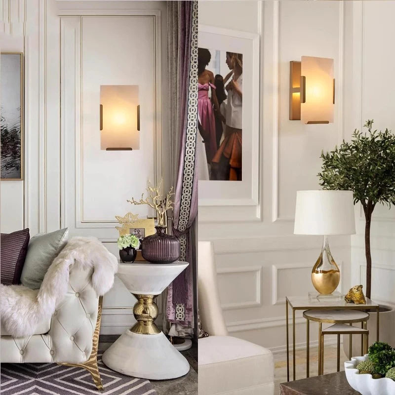 Copper Marble LED Sconce in gold finish used in luxury living spaces, enhancing wall decor with soft LED illumination.