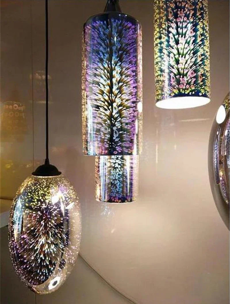 Glass 3D Fireworks Pendant Light - LED Stylish Design in cylindrical and oval styles, showcasing vibrant LED fireworks patterns.