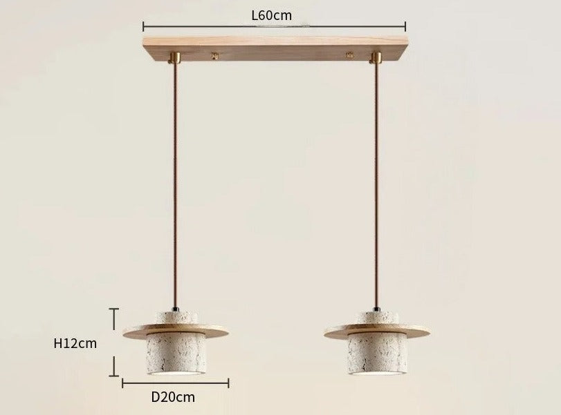 Double pendant light fixture by LUXELY with travertine and wood design, 60cm wide, ideal for kitchen islands or dining areas.