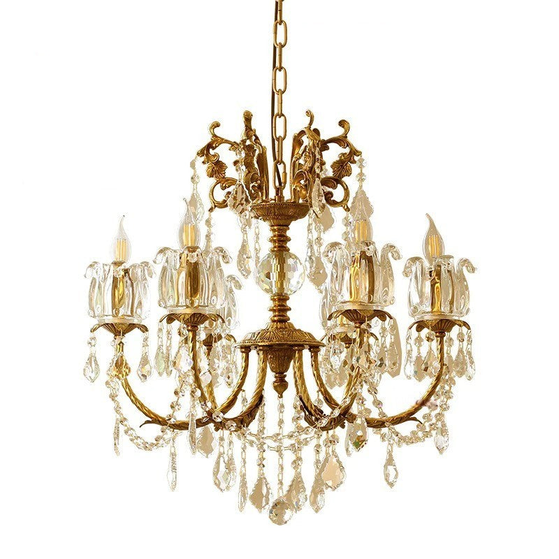 Classic Copper Crystal Chandelier with warm lighting and ornate crystal drops, designed for luxurious villa decor.