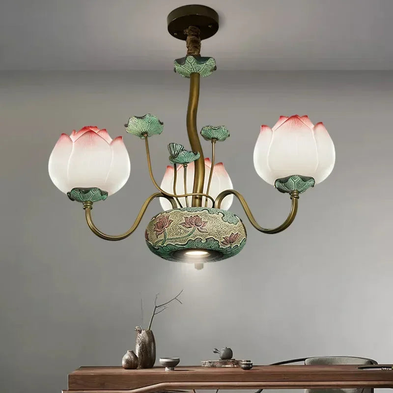 Three-light lotus flower ceiling light with LED bulbs, ideal for tea rooms or minimalist dining spaces with floral accents.