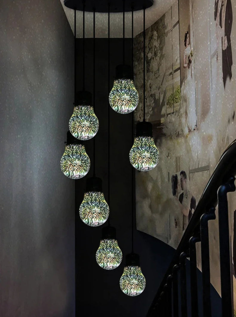 Glass 3D Fireworks Pendant Light - LED Stylish Design in bulb shape, arranged in a cascading chandelier over a staircase.