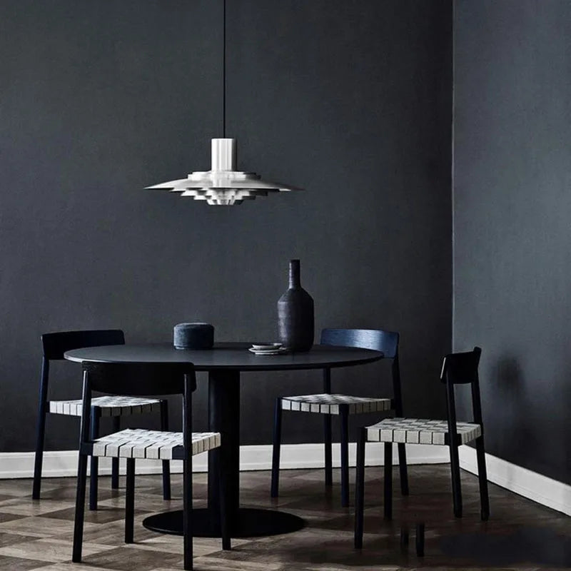 Minimalist dining room with Silver Cord Pendant Light - E27 Art Lamp, offering sleek metal aesthetics and ambient LED lighting.
