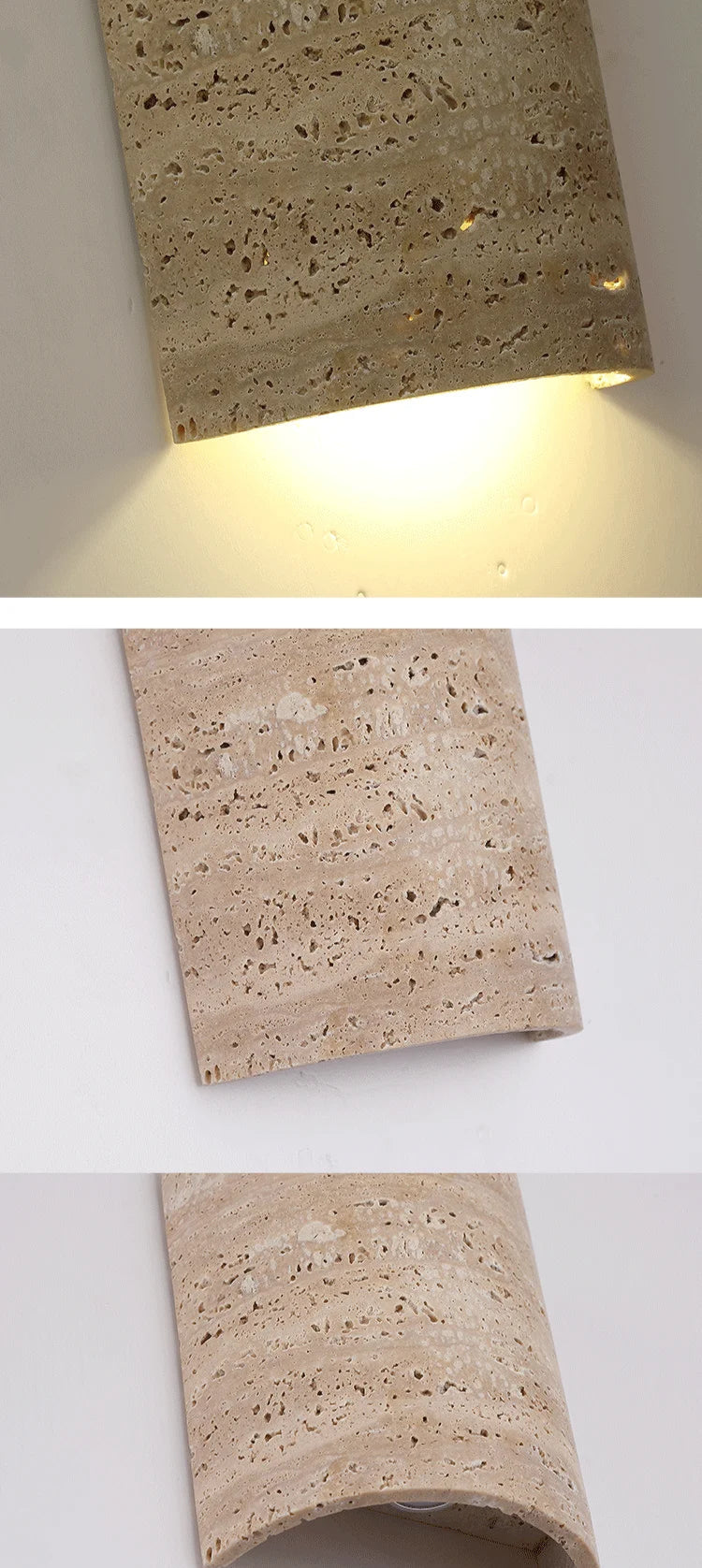Multiple views of travertine wall lamp IP65, showing light diffusion, stone texture, and curved design.