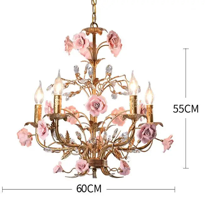 60cm French pink rose chandelier with blush ceramic flowers and gold frame, ideal for elegant lighting in boutiques or cafes.