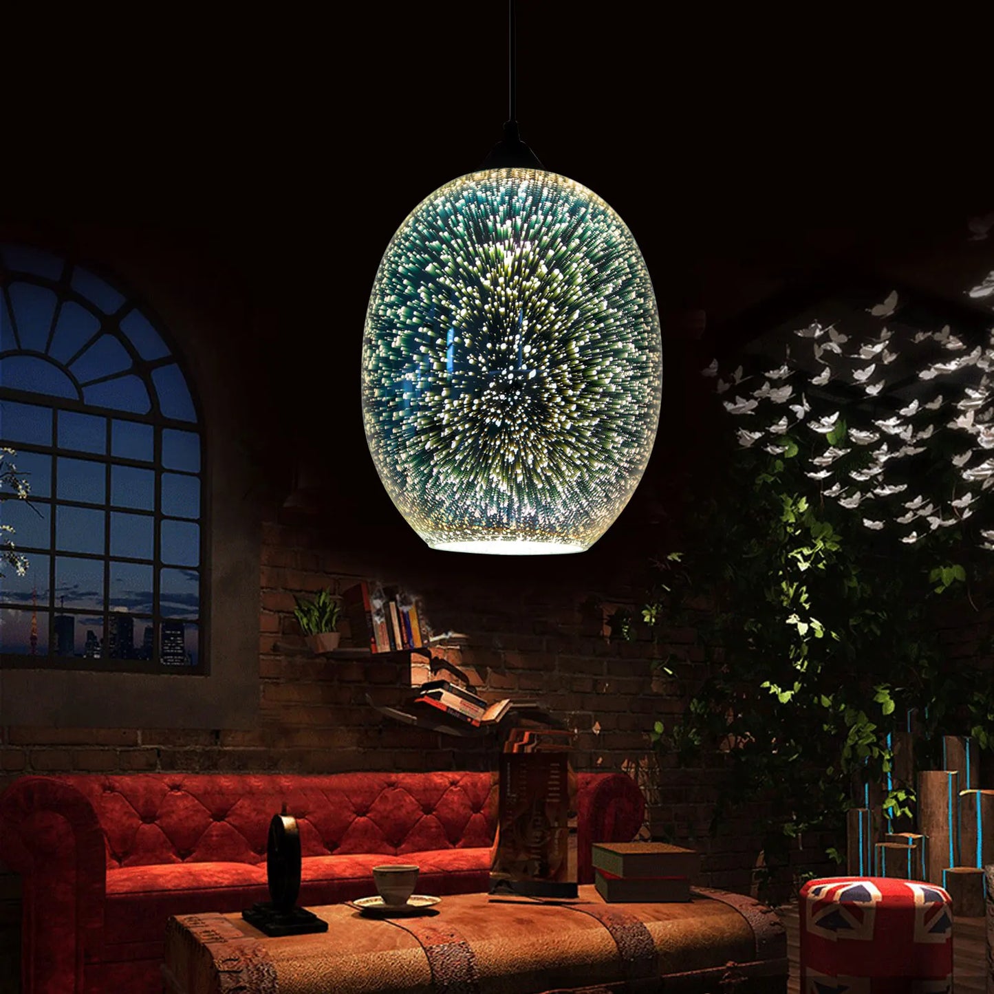 Glass sphere pendant light with fireworks 3D effect illuminating a cozy living room with a modern and artistic ambiance.