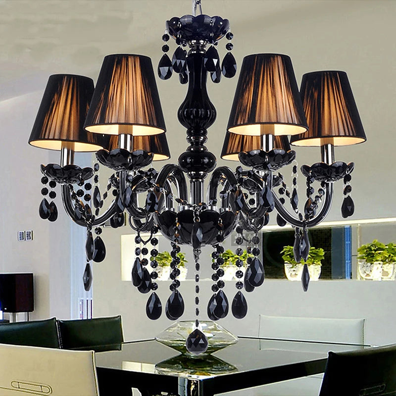 Luxury American Crystal Chandelier with five shaded LED lights and black crystal drops, ideal for stylish restaurant interiors.