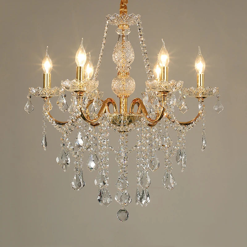 Elegant golden crystal chandelier with five candle LED lights, ideal for enhancing villa or apartment interiors.