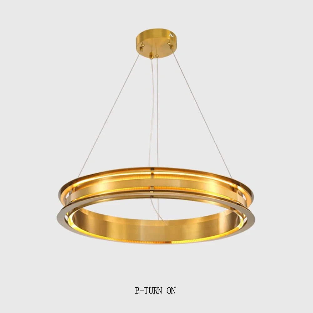 Bronze finish LED ring chandelier turned on, offering warm ambient lighting for minimalist home interiors.