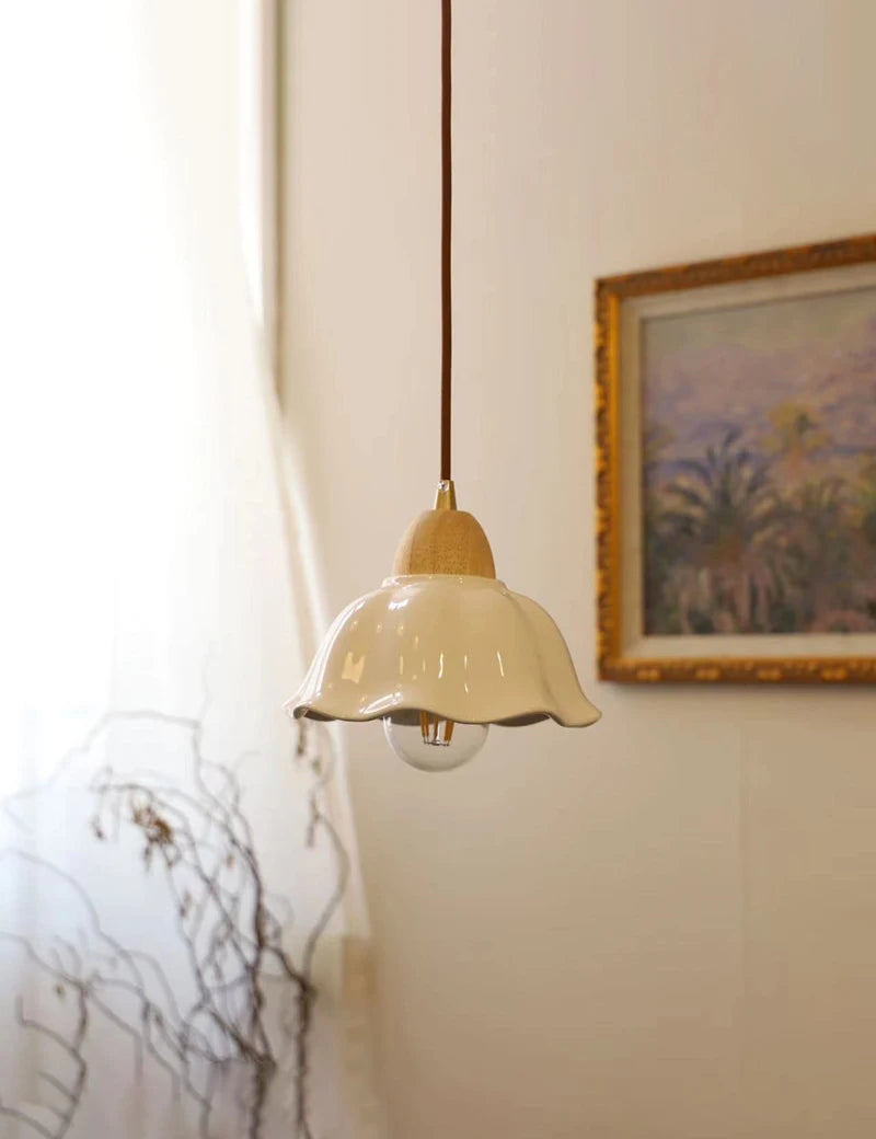 Japanese ceramic pendant light with wood accent
