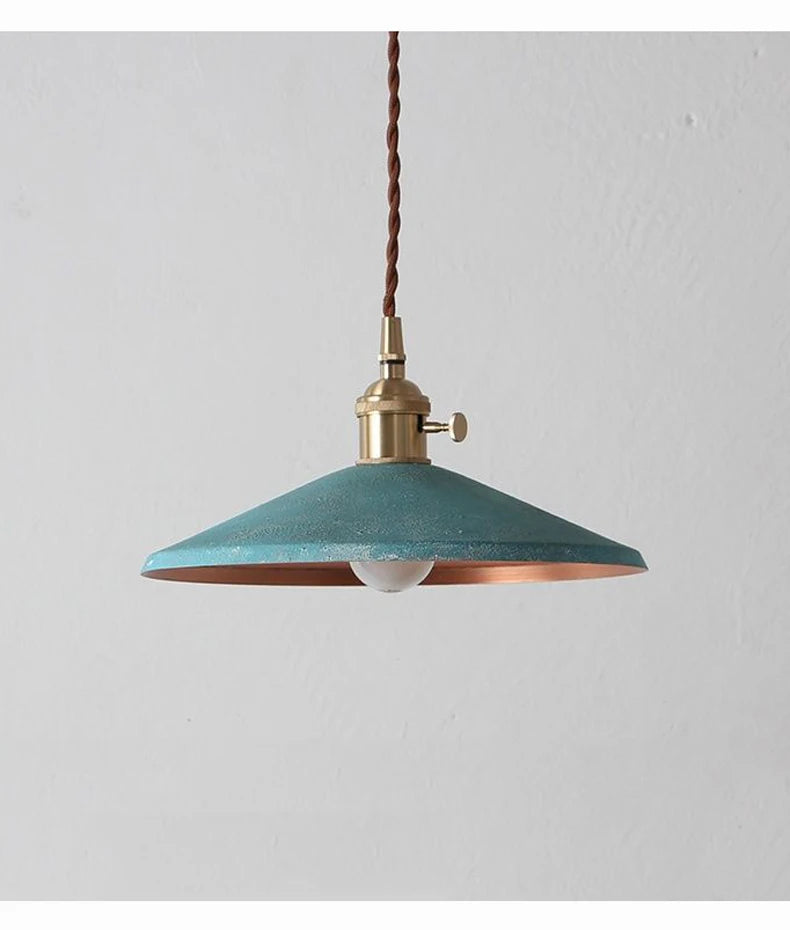 Teal Industrial Brass Pendant Light with copper interior, perfect for vintage-style home or commercial lighting.