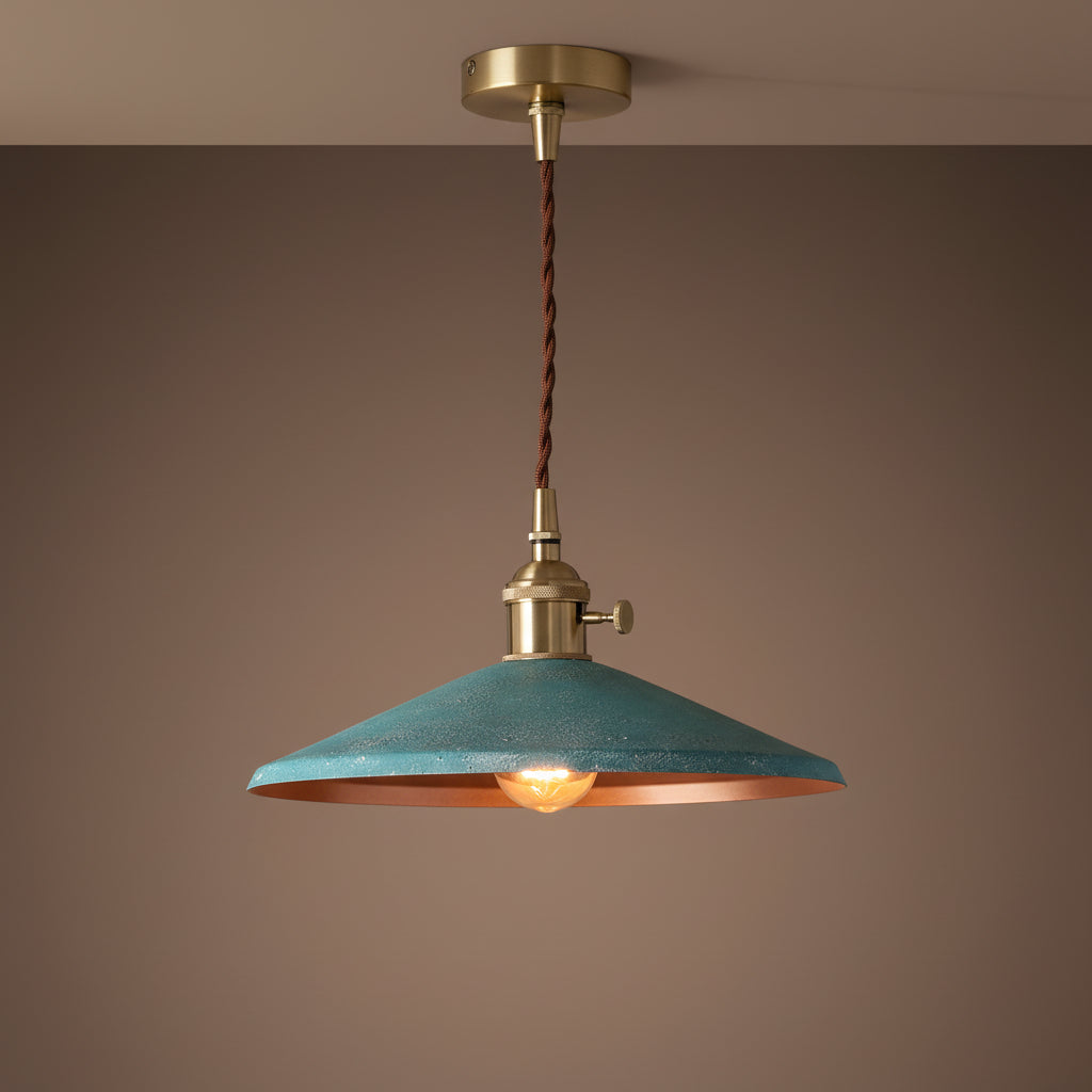 Teal Industrial Brass Pendant Light with copper interior, perfect for vintage-style home or commercial lighting.