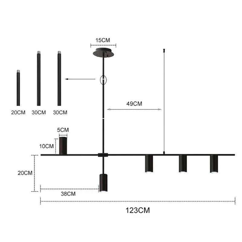 Technical diagram of modern minimalist spotlight bar ceiling light showing dimensions and LED head spacing for accurate installation.