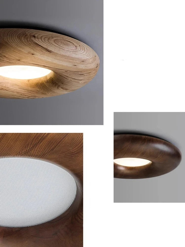 Detail shots of LUXELY modern wooden ceiling lamp in both light and dark finishes, highlighting LED diffuser and wood grain texture.