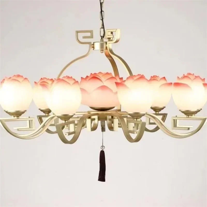 Ten-light lotus flower LED pendant light - vintage ceiling fixture with floral design, ideal for large living spaces.