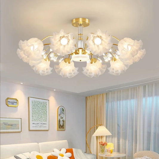 Bedroom Chandelier - LED - Durable with flower glass design in gold finish, offering warm, cold, and neutral light for modern interiors.