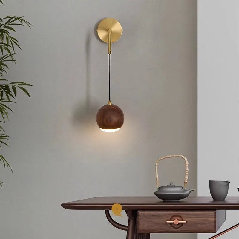 LUXELY walnut wood round ball wall light wabi-sabi modern
