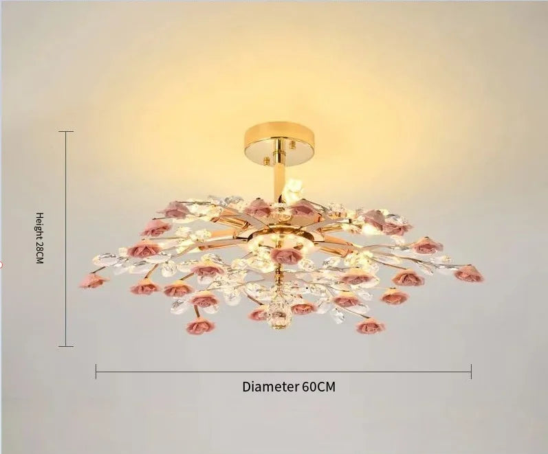 60cm pink ceramic flower chandelier with French retro design, crystal ceiling light ideal for stylish home interiors.